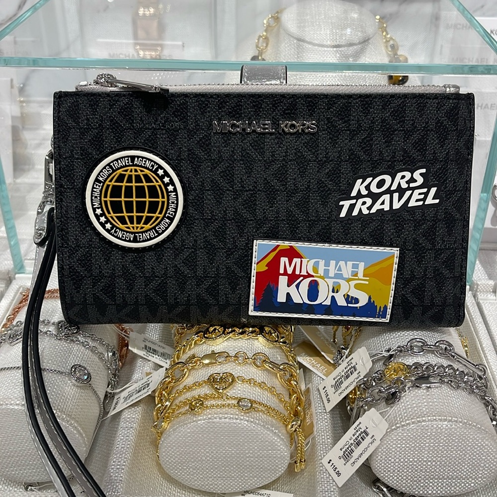 Michael Kors Jet Set Travel Large Embellished Signature Logo Wristlet Wallet Phn - Picture 1 of 16